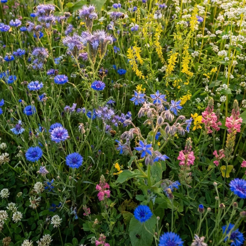 Kwitnąca łąka kwietna sfotografowana z góry – naturalna mieszanka polnych kwiatów