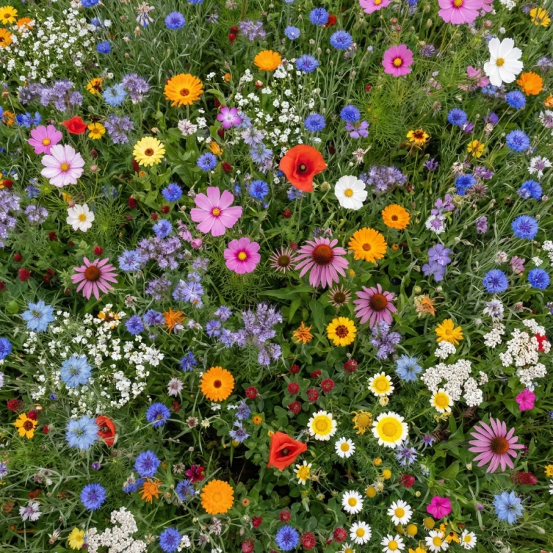 Kwietna łąka miododajna BEE'S UNIVERSE widziana z góry – maki polne, onętki, chabry i facelia w pełni kwitnienia