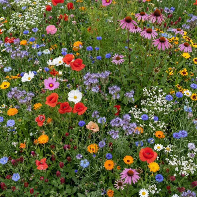 Łąka kwietna BEE'S UNIVERSE w pełnym rozkwicie – ujęcie z góry, naturalne barwy kwiatów miododajnych