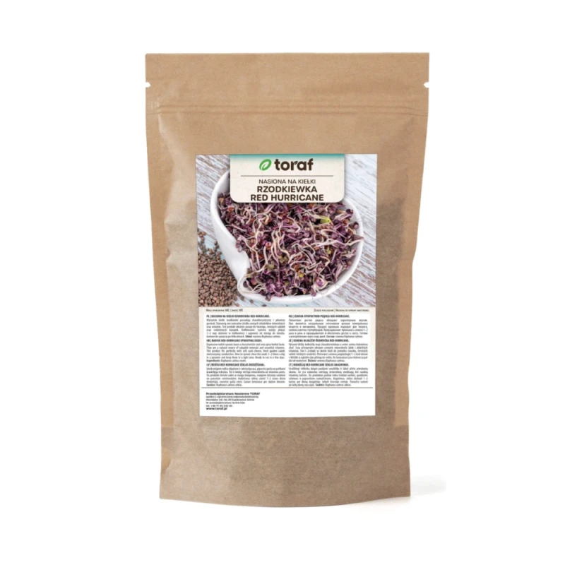 Papierowe opakowanie 100g nasion na kiełki Rzodkiewka Red Hurricane marki Toraf