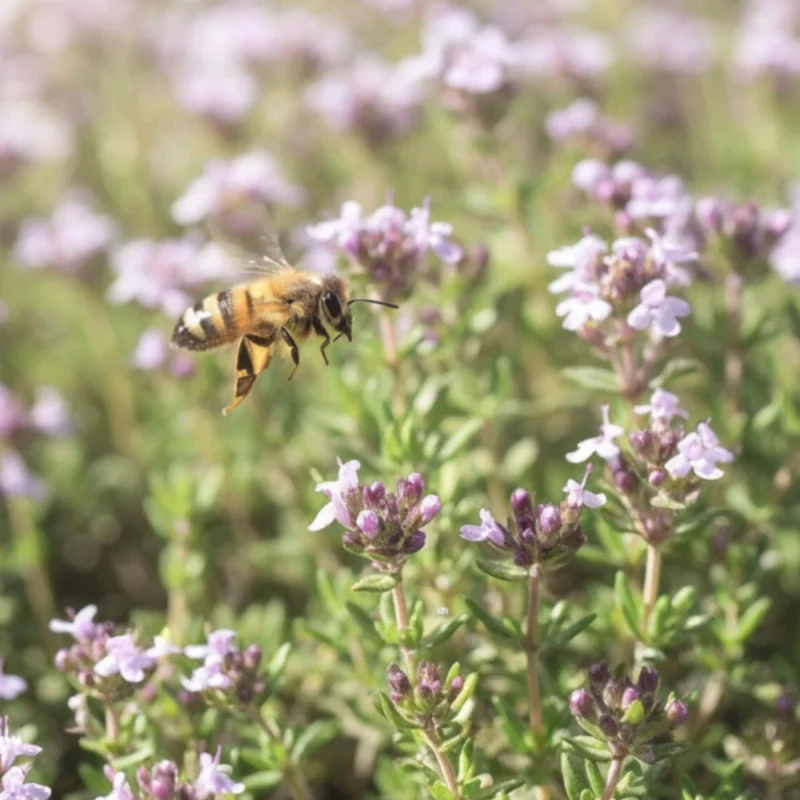 Tymianek właściwy (Thymus vulgaris) w pełni kwitnienia - drobne fioletowo-różowe kwiaty przyciągające zapylacze