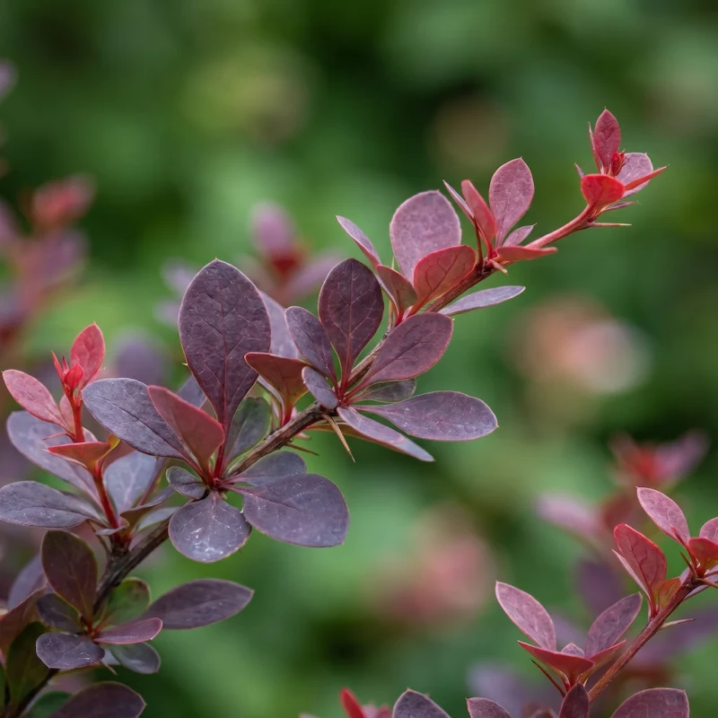 Zbliżenie na cierniste pędy i drobne, bordowo-purpurowe liście berberysu Thunberga Atropurpurea Nana na rozmytym, zielonym tle ogrodowym.