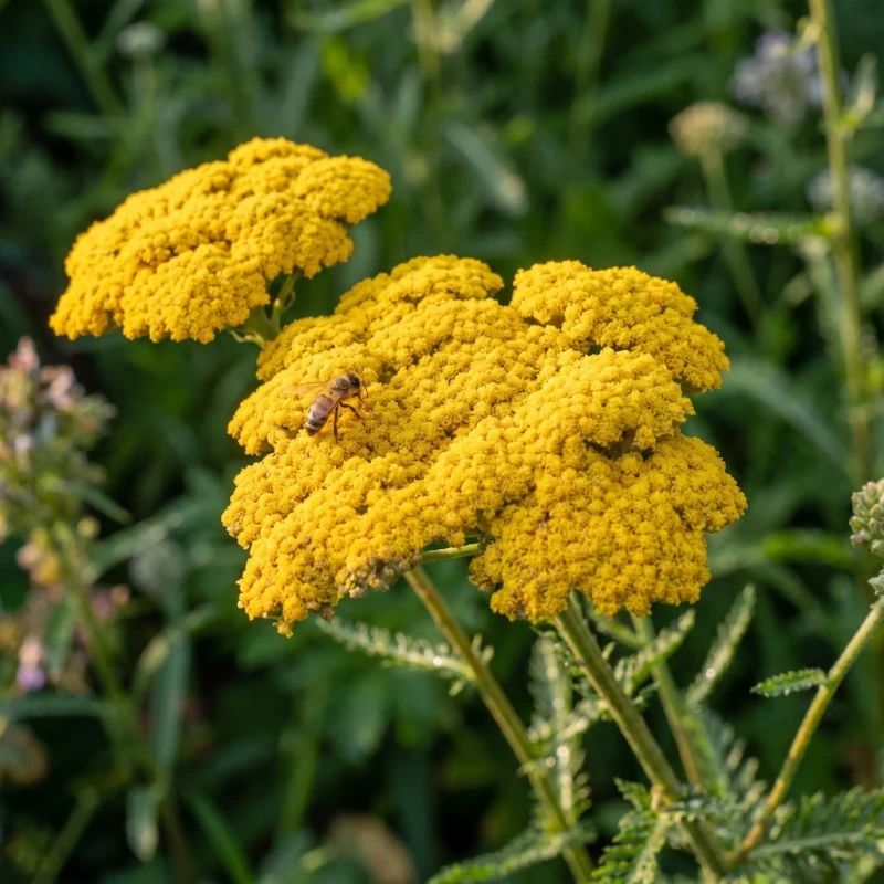 Zbliżenie na płaskie, intensywnie żółte kwiatostany krwawnika pospolitego Skysail Yellow, na których siedzi pszczoła, na miękko rozmytym tle ogrodowej zieleni.