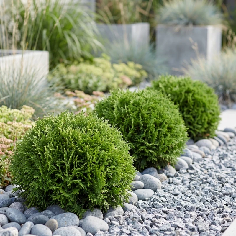 Karłowa, gęsta i idealnie kulista tuja zachodnia 'Hoseri' (Thuja occidentalis) rosnąca w nasłonecznionym miejscu w ogrodzie, otoczona innymi niskimi roślinami.