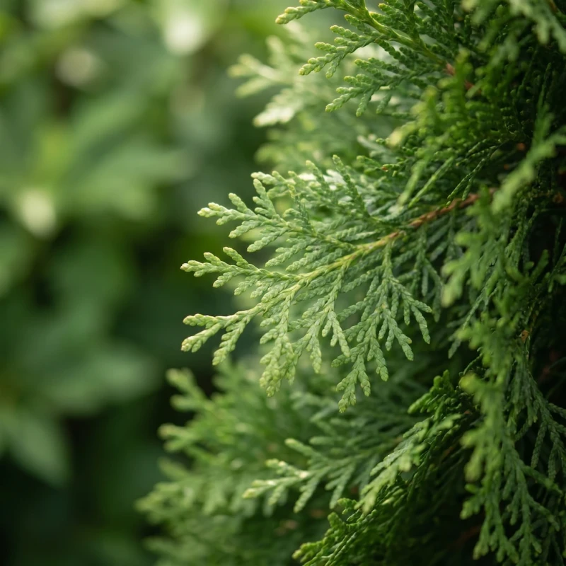 Makro zbliżenie na gęste, łuskowate liście i teksturę tui zachodniej 'Hoseri' (Thuja occidentalis) z rozmytym, zielonym tłem ogrodowym.