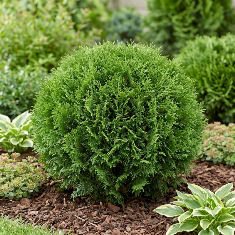 Dojrzała, bardzo gęsta, kulista tuja zachodnia 'Hoseri' (Thuja occidentalis) rosnąca w nasłonecznionej rabacie ogrodowej w gruncie, jako kompaktowy akcent.