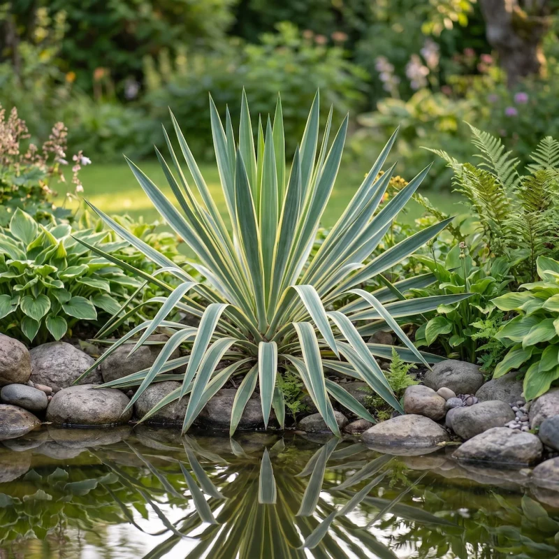 Rozłożysta juka ozdobna Yucca gloriosa Variegata posadzona na słonecznej rabacie żwirowej w suchym ogrodzie skalnym, w otoczeniu głazów i zwiewnych traw ozdobnych.