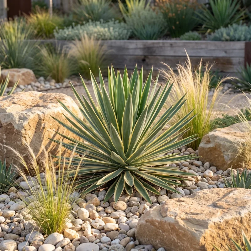 Efektowna juka Yucca gloriosa Variegata wyeksponowana na kamienistym brzegu oczka wodnego, w zielonej kompozycji z hostami i paprociami, z wyraźnym odbiciem w lustrze wody.