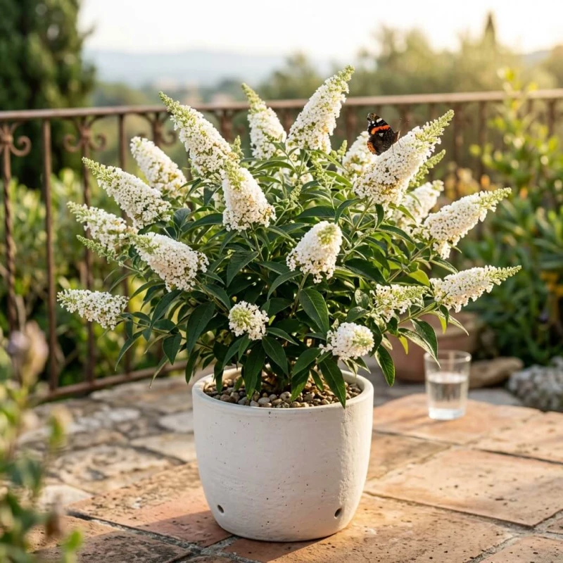 Budleja Dawida Butterfly Candy Little White w białej ceramicznej doniczce na nasłonecznionym tarasie, kwitnąca biało latem