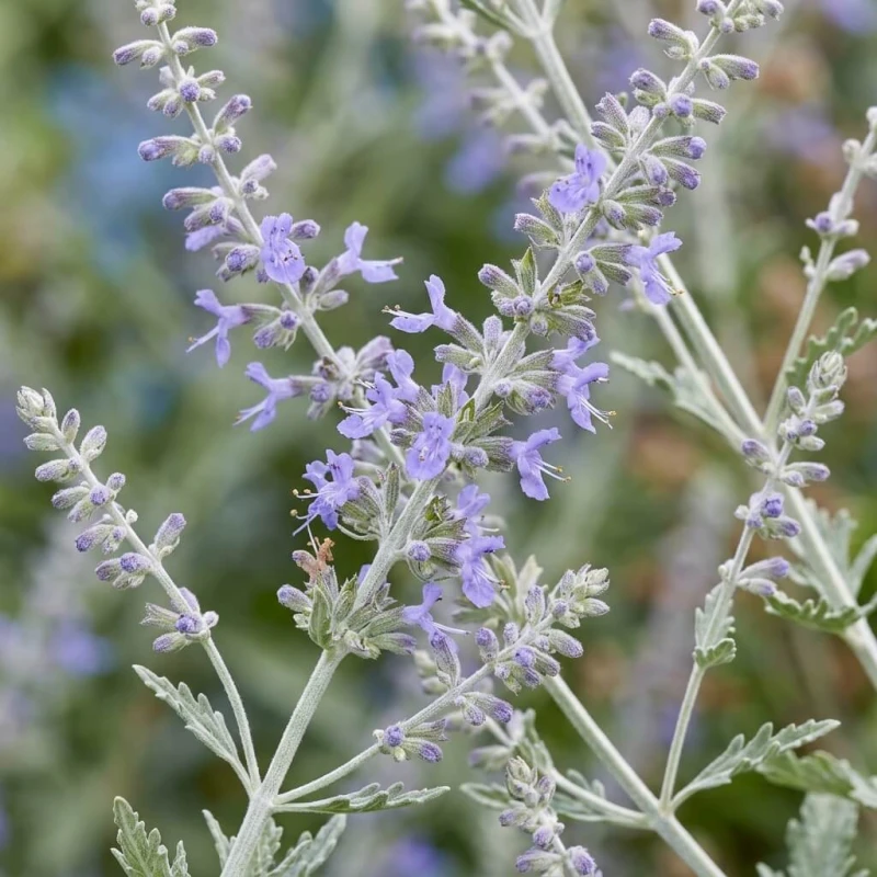 Zbliżenie kwiatostanów perowskii łobodolistnej Russian Sage, drobne lawendowo-niebieskie kwiaty na srebrnych łodygach, makrofotografia.