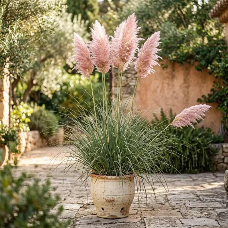 Trawa pampasowa Pink Feather w kremowej ceramicznej doniczce na tarasie, różowe wiechy w porannym świetle