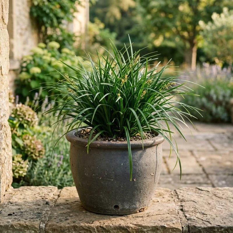 Turzyca Morrowa Irish Green w szarej ceramicznej doniczce na tarasie, gęsta kępa ciemnozielonych liści w porannym świetle