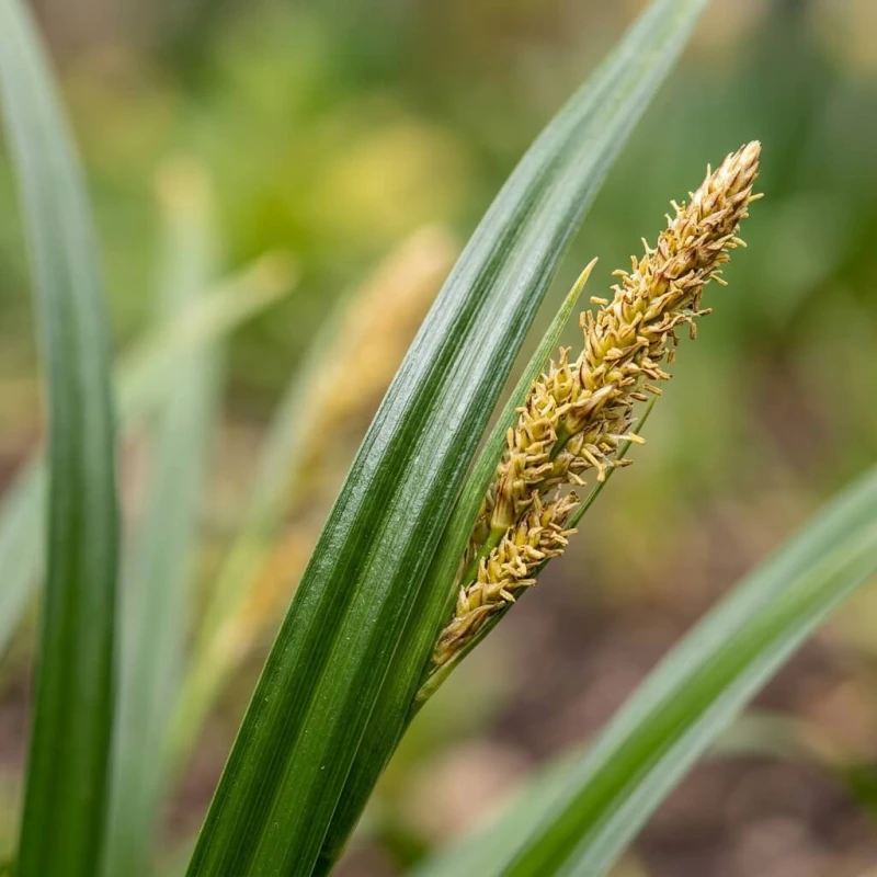 Turzyca Morrowa Irish Green z bliska, makro liść i żółtobrązowy kłos kwiatowy w naturalnym świetle