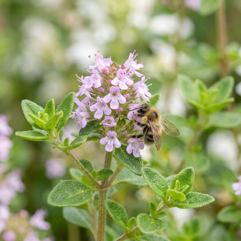 Macierzanka cytrynowa Sambesi z bliska, drobne jasnoróżowe kwiatki i zielone liście, zdjęcie makro w naturalnym świetle.