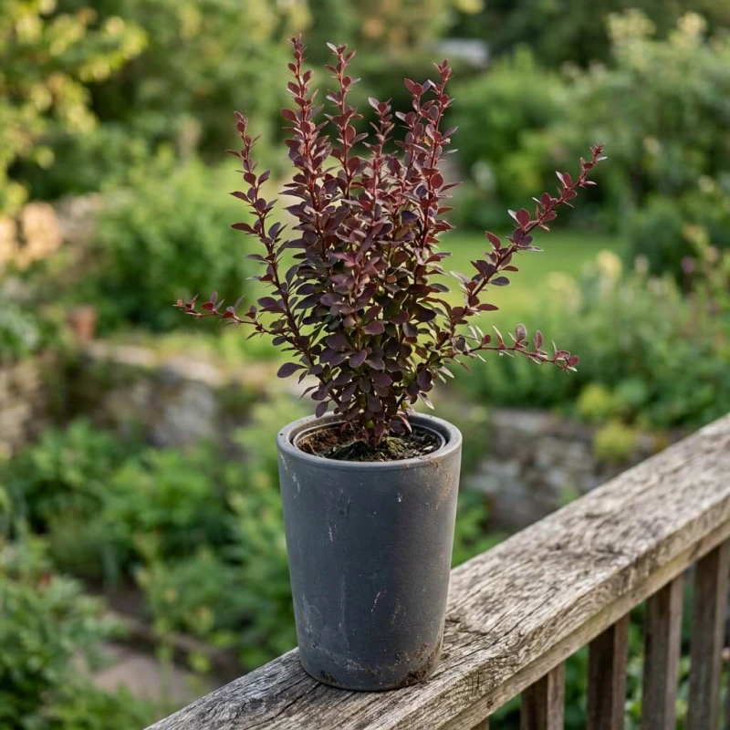 Berberys Thunberga Red Rocket w ceramicznej donicy na tarasie - purpurowy krzew ozdobny w porannym świetle