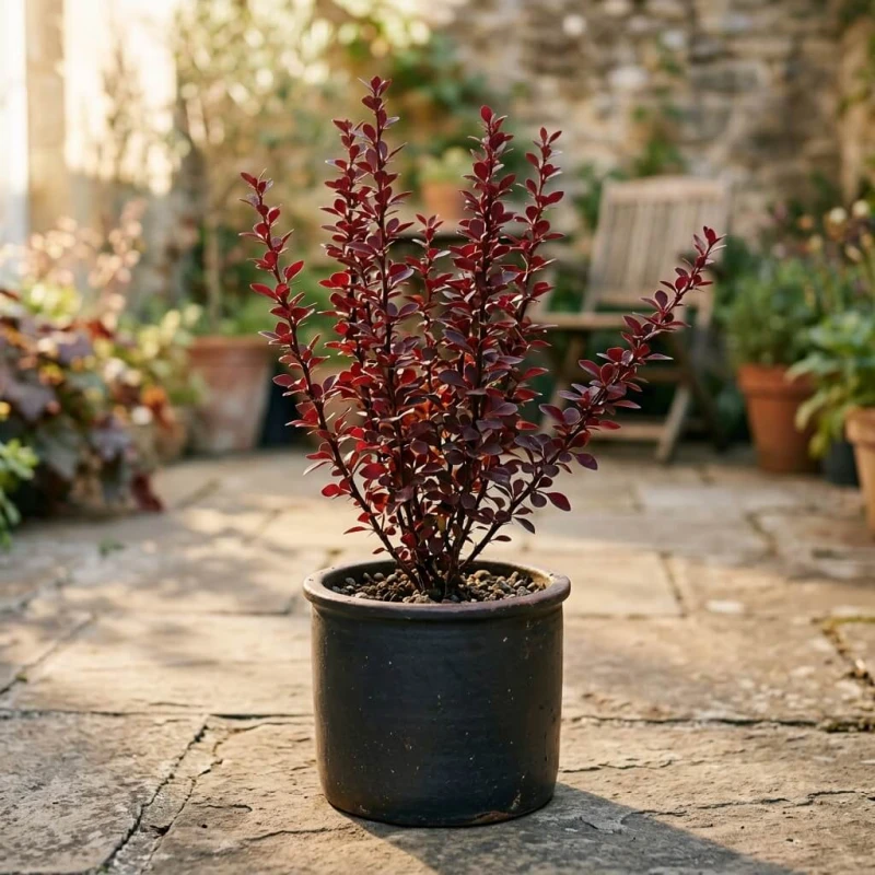 Berberys Thunberga Dariusz w ceramicznej doniczce na tarasie w porannym świetle, ujęcie 3/4.