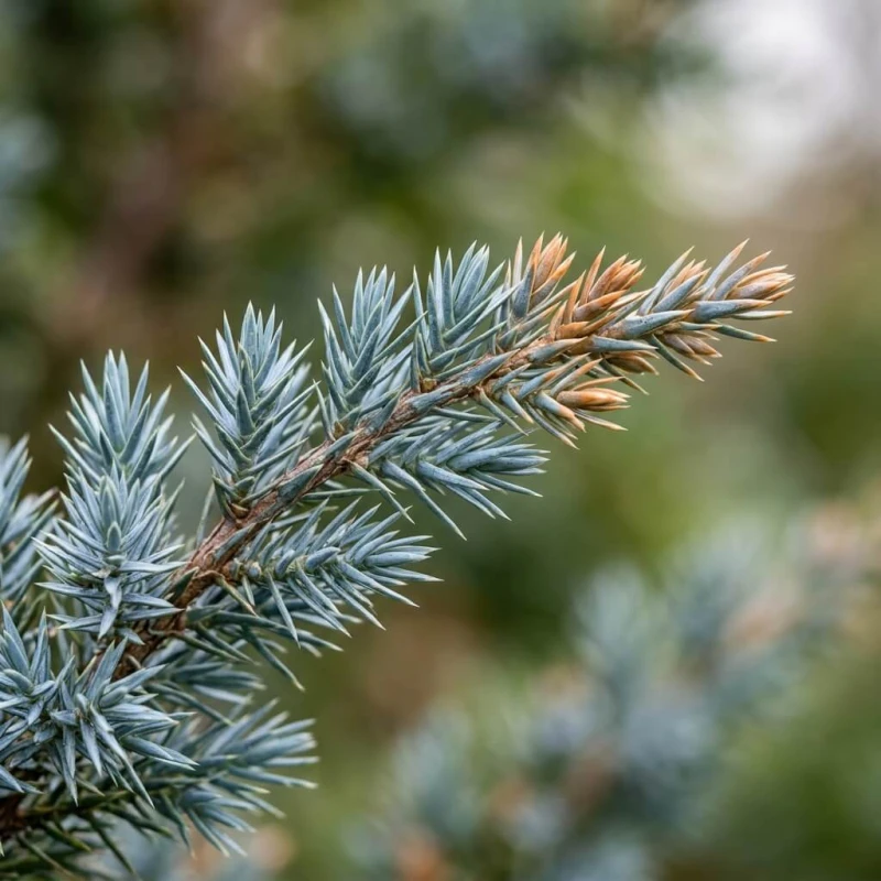Jałowiec łuskowy Blue Spider - zbliżenie makro na stalowoniebieskie igły z ciepłymi brązowymi końcówkami młodych pędów
