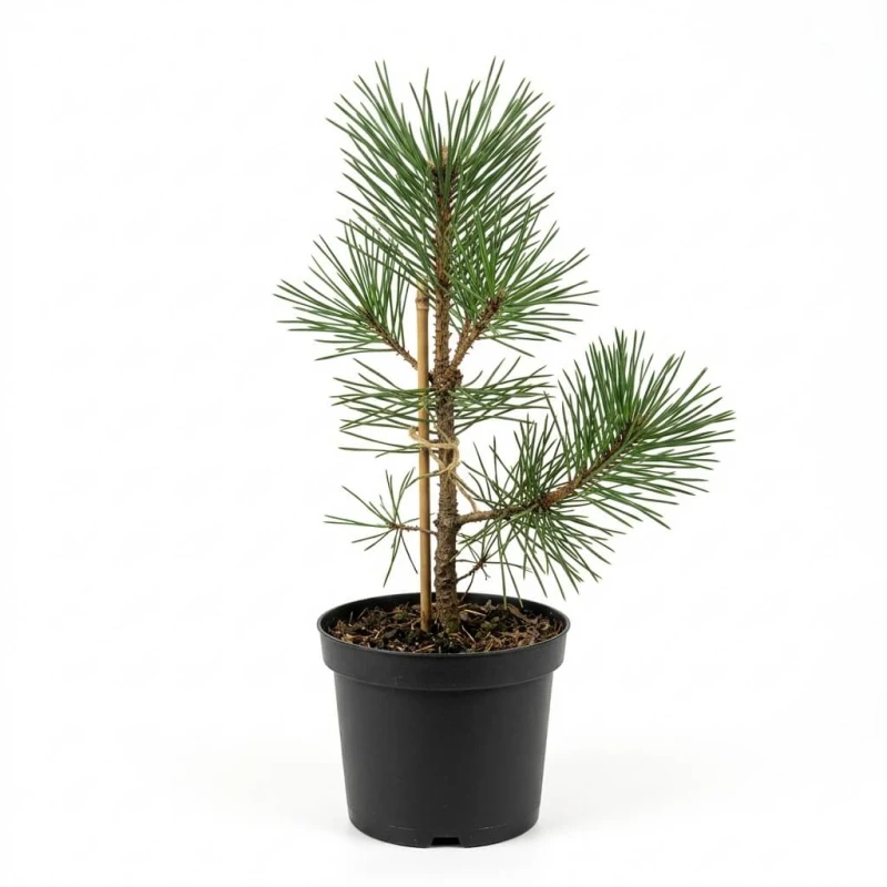 Sosna czarna austriacka sadzonka Pinus nigra w czarnej doniczce na białym tle, młoda roślina szkółkarska.
