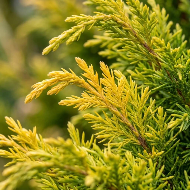 Jałowiec pośredni Pfitzeriana Aurea - zbliżenie makro na złociste igły i gałązki, szczegół igliwia z bliska