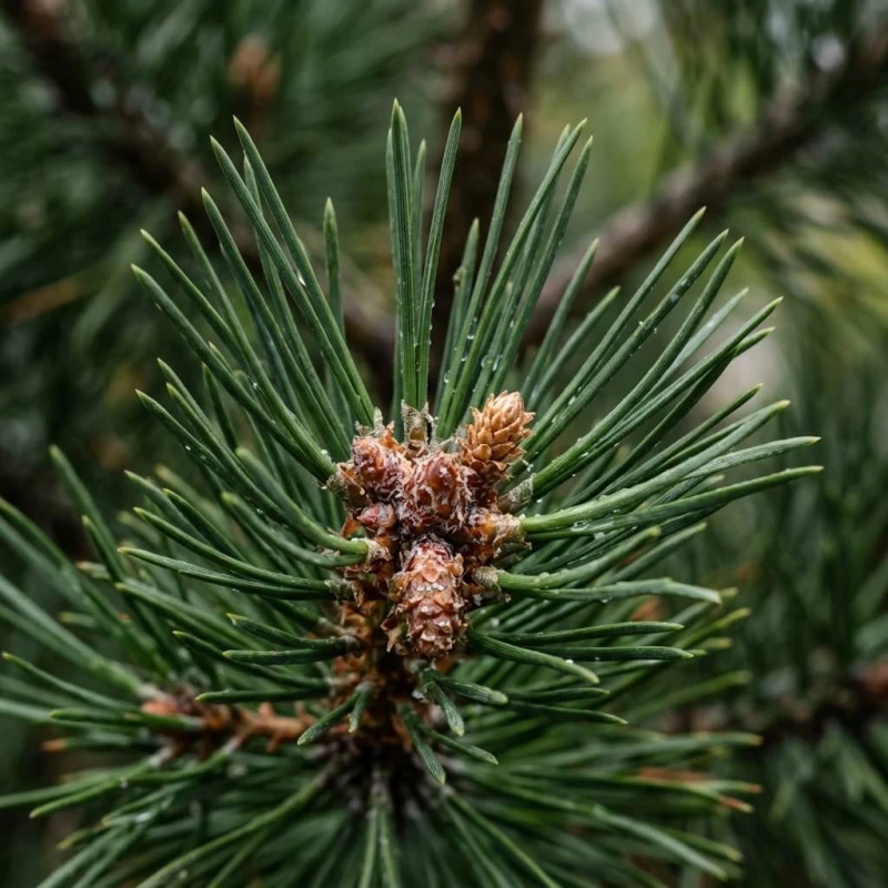 Sosna czarna Pinus nigra z bliska, ciemnozielone igły w pęczkach i pączek szyszki w makrofotografii.