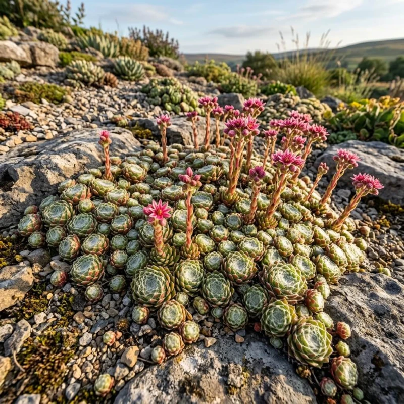 Rojnik pajęczynowaty Sempervivum arachnoideum w ogrodzie skalnym - gęste rozety z pajęczynowym nalotem i różowymi kwiatami latem.