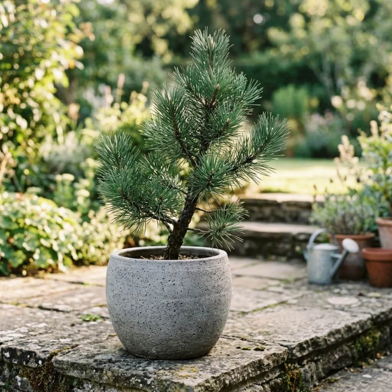 Sosna czarna austriacka Pinus nigra w szarej ceramicznej doniczce na tarasie, poranne światło, ujęcie 3/4.