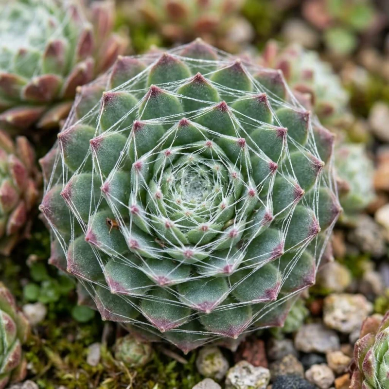 Rojnik pajęczynowaty Sempervivum arachnoideum z bliska - makro rozety z charakterystycznym białym pajęczynowym nalotem na liściach.