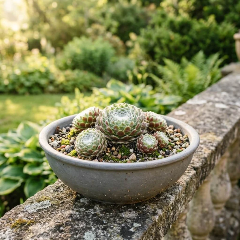 Rojnik pajęczynowaty Sempervivum arachnoideum w ceramicznej donicy na tarasie - rozety z pajęczynowym nalotem w porannym świetle.