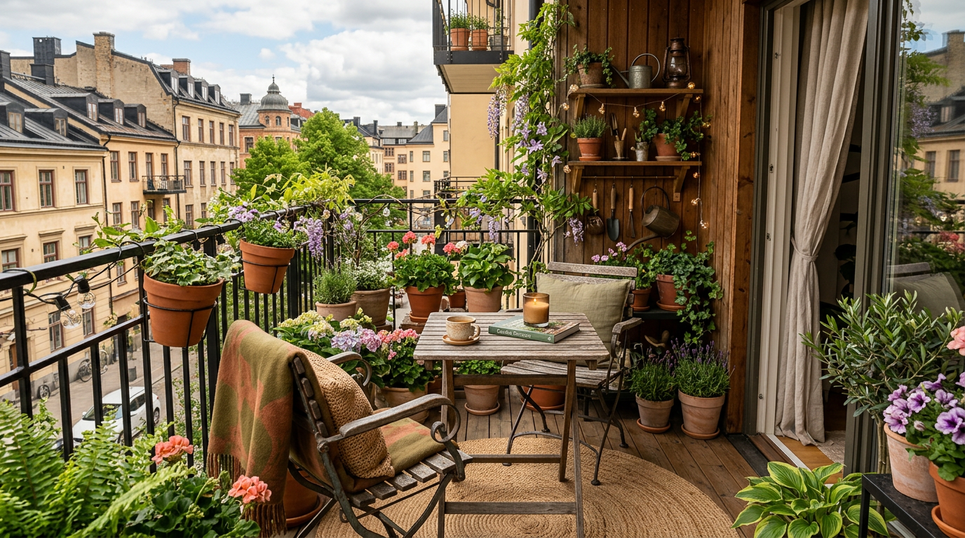 Przytulny balkon z roślinami i miejscem do wypoczynku