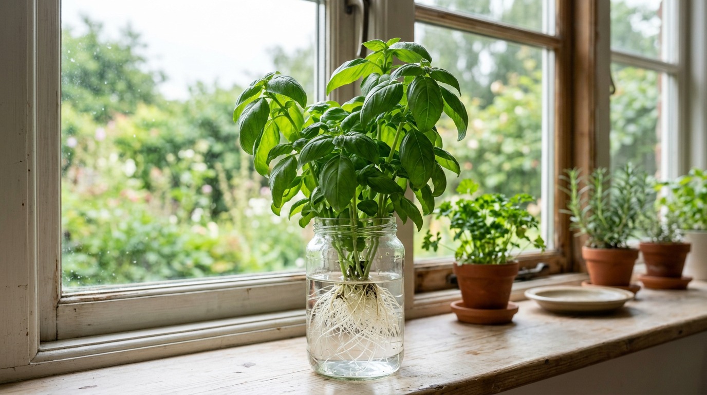 Sadzonka bazylii ukorzeniona w szklanym naczyniu z wodą w hydroponice