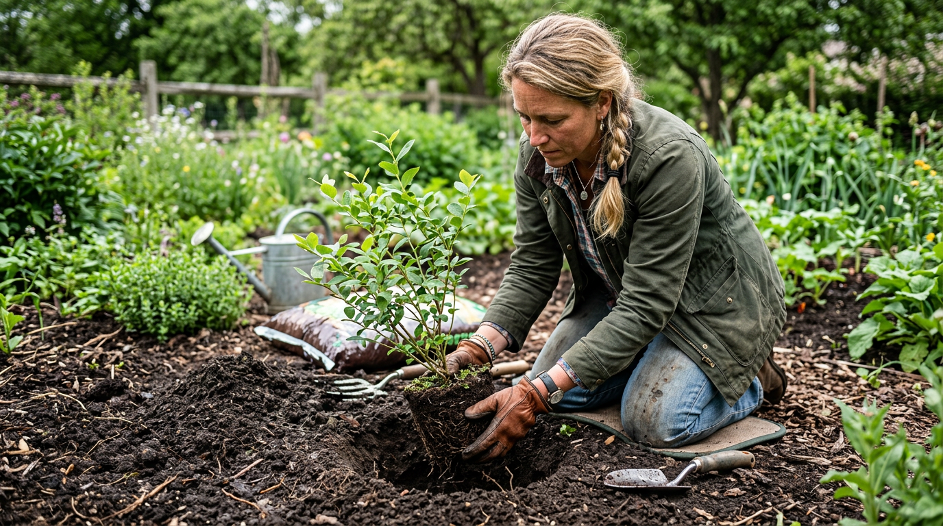 Sadzenie młodego krzewu borówki do przygotowanego dołu