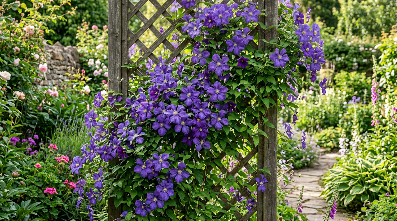 Powojnik (clematis) o fioletowych kwiatach na kratce