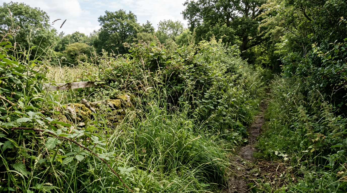 Wysoka trawa i zarośnięte krzewy na skraju ogrodu