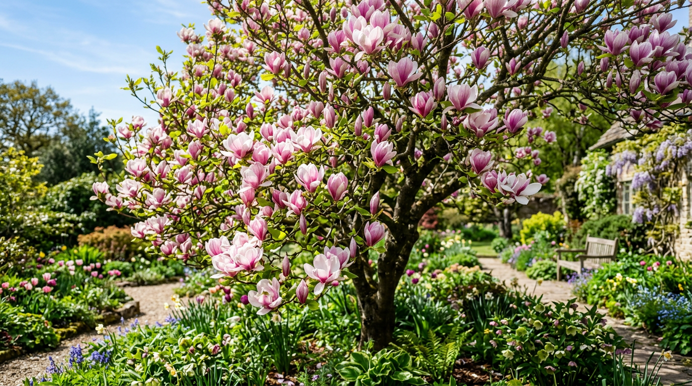 Kwitnąca magnolia w wiosennym ogrodzie