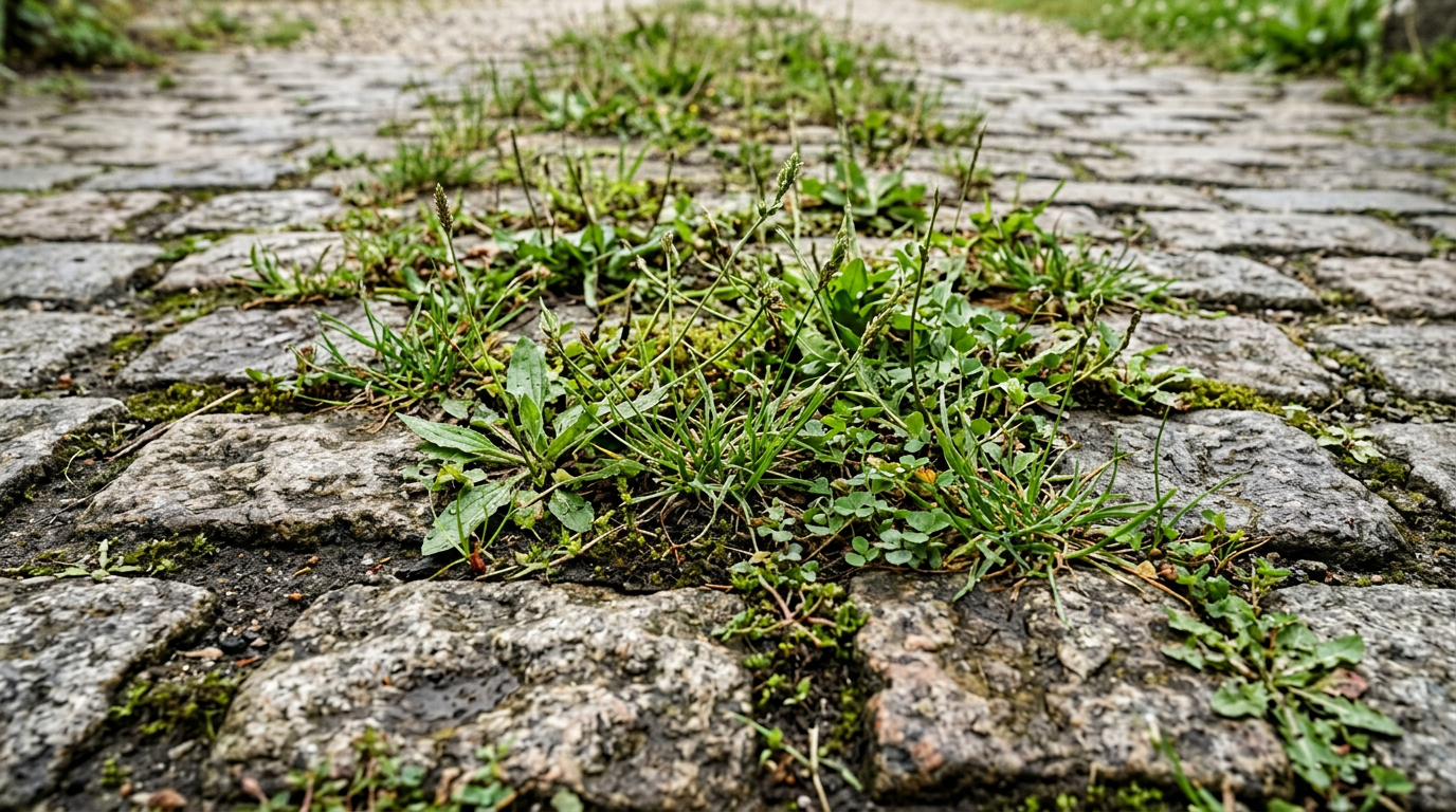 Chwasty wyrastające ze szczelin między kostką brukową
