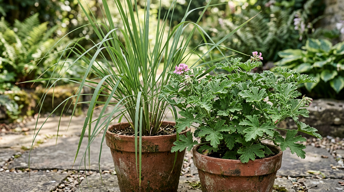 Trawa cytrynowa i pelargonia zapachowa w donicach