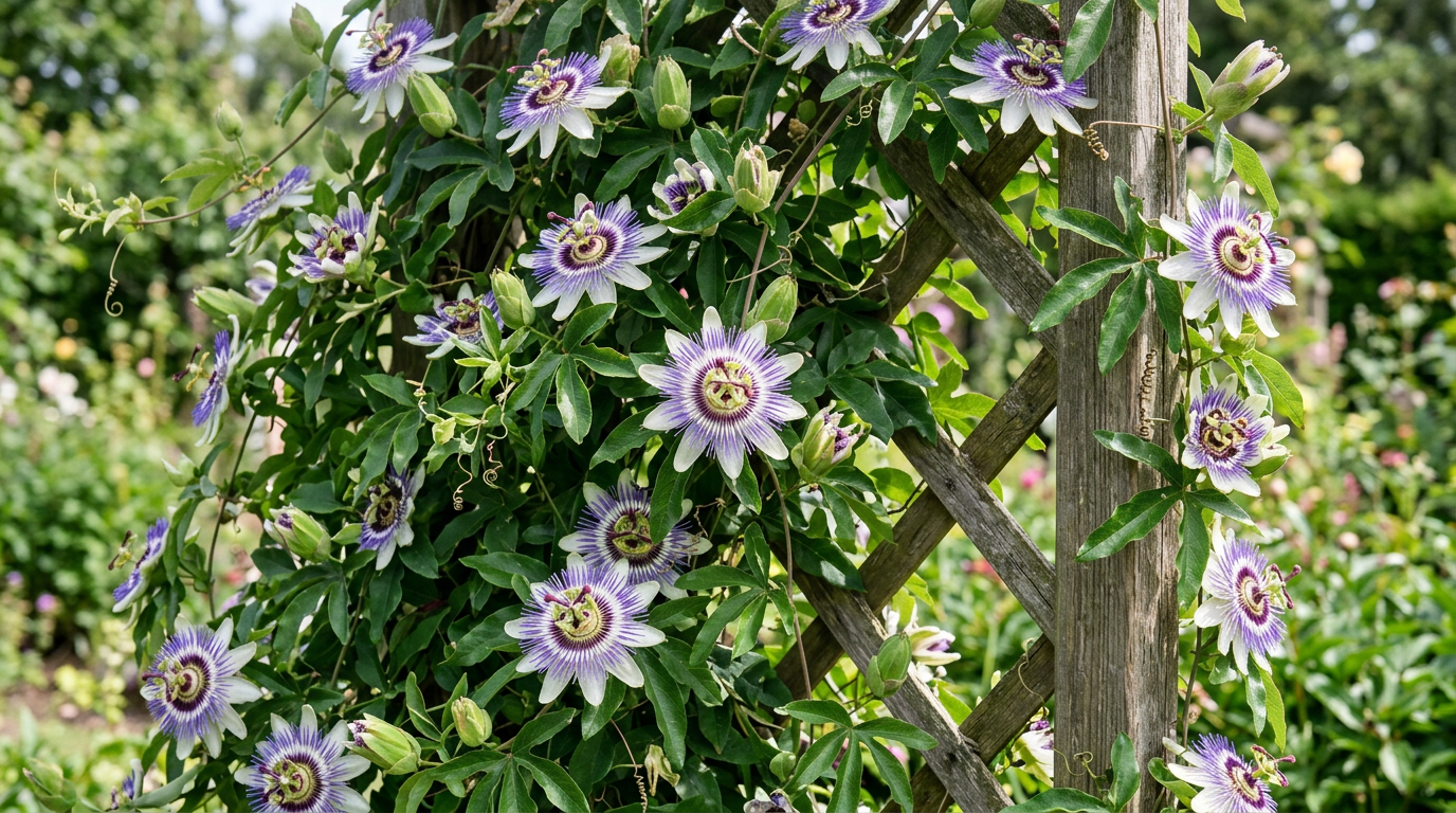 Passiflora obsypana egzotycznymi kwiatami na kracie
