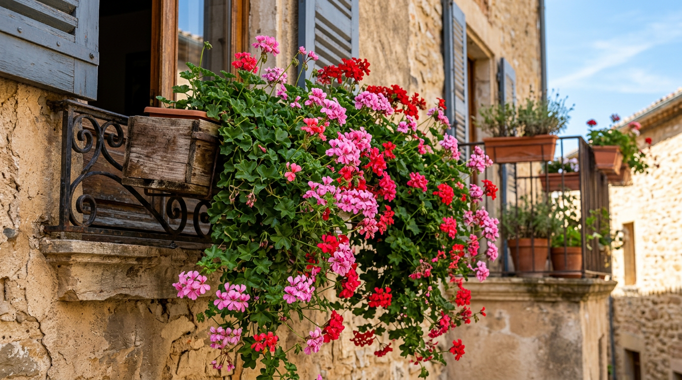 Pelargonia bluszczolistna zwisająca ze skrzynki balkonowej