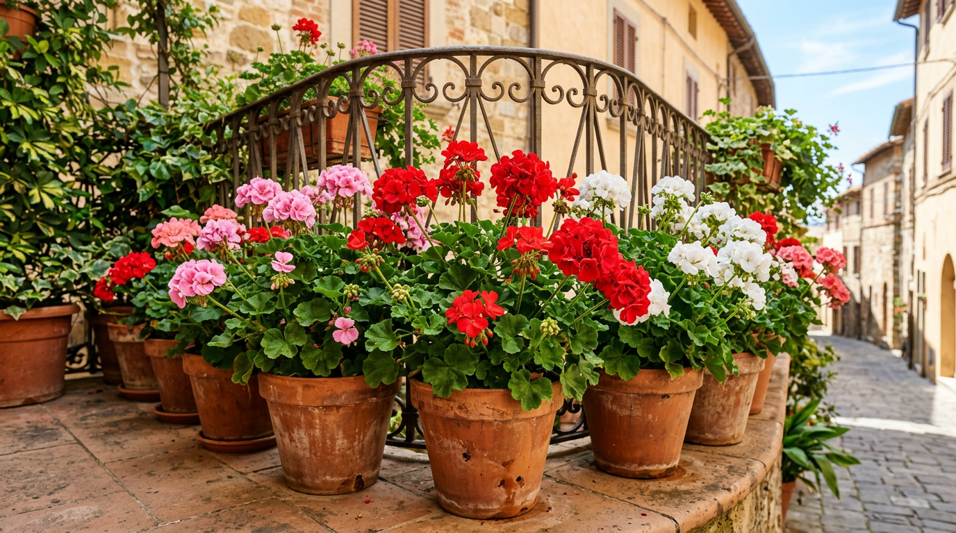 Pelargonie w różnych kolorach w donicach