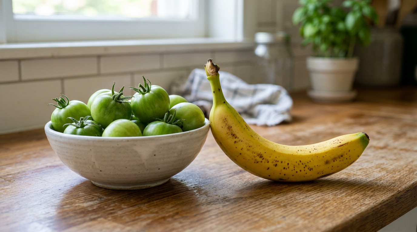 Dojrzewający banan obok zielonych pomidorów