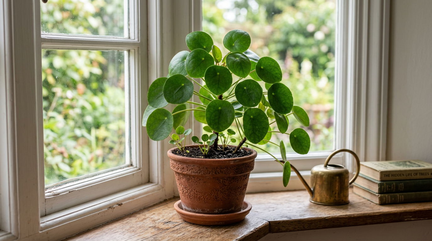 Zdrowa pilea peperomioides z odrostami przy podstawie