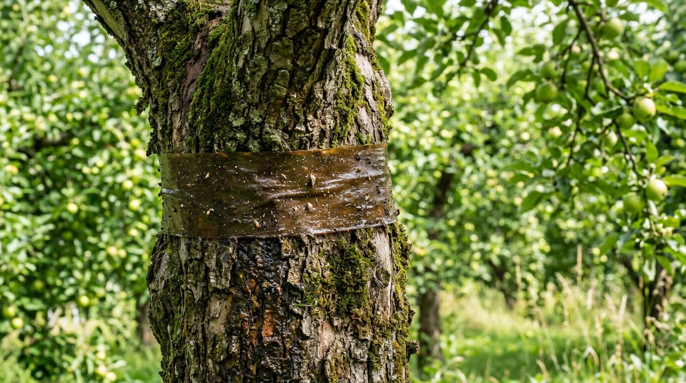 Opaska lepowa zabezpieczająca pień drzewa owocowego przed szkodnikami