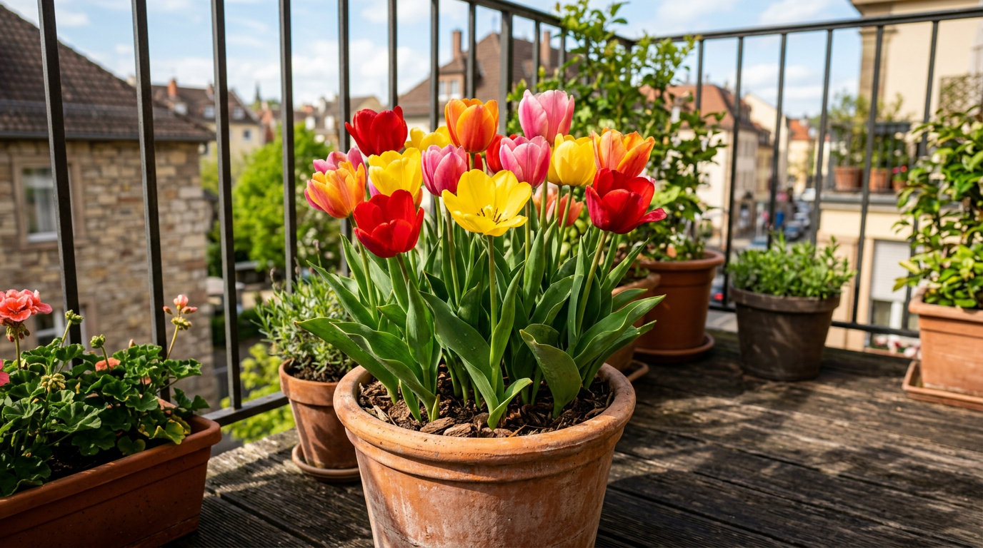 Zdrowe kwitnące tulipany w doniczce na balkonie