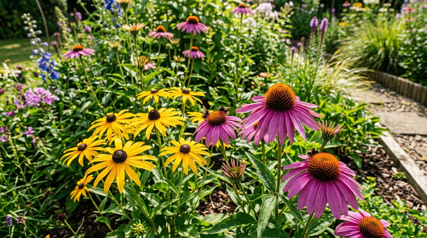 Jeżówka purpurowa i żółta rudbekia na słonecznej rabacie