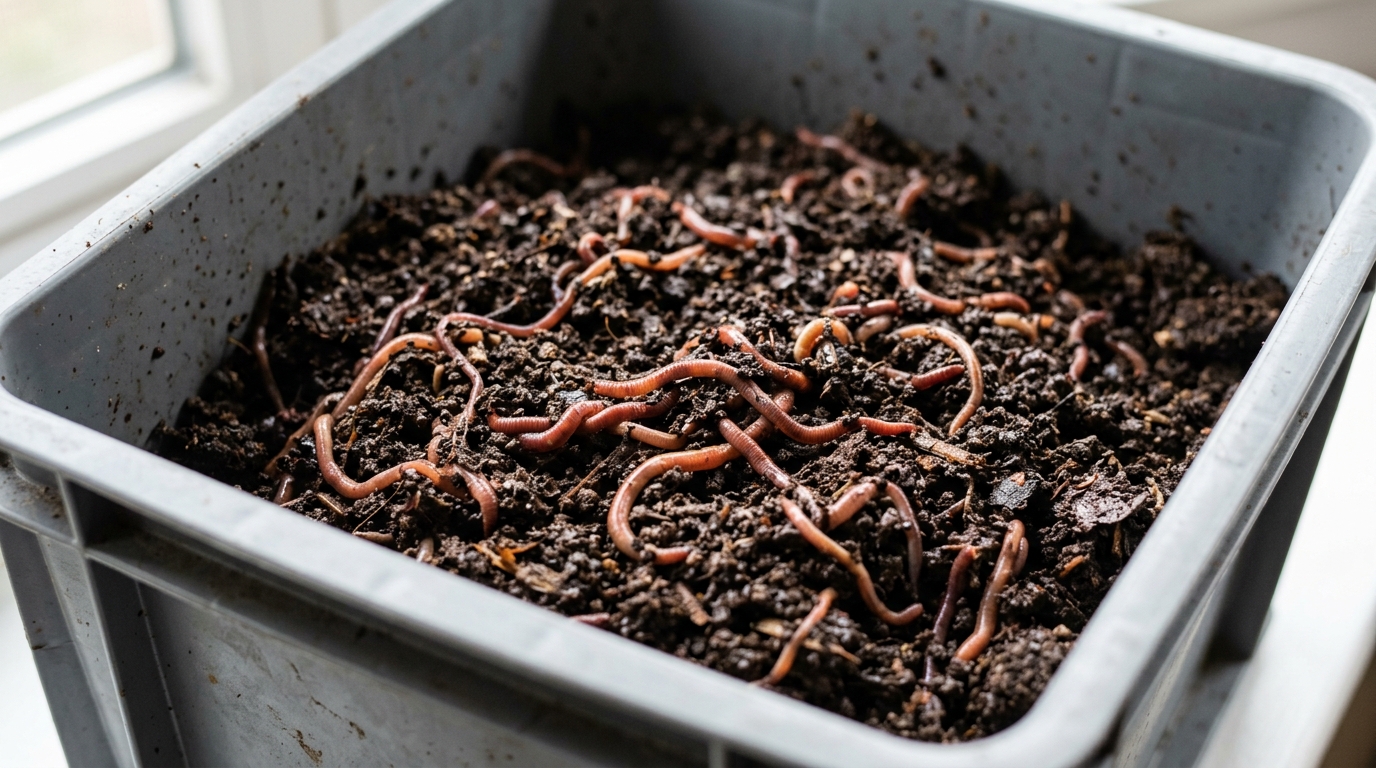 Biohumus z widocznymi dżdżownicami w pojemniku